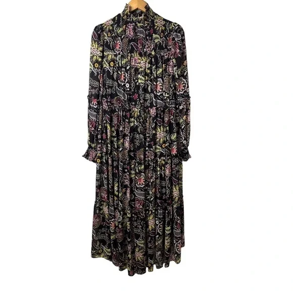cinq a sept Paisley Long Sleeve Dress Black Size 6 High Low Hem Mock Neck - Picture 5 of 10